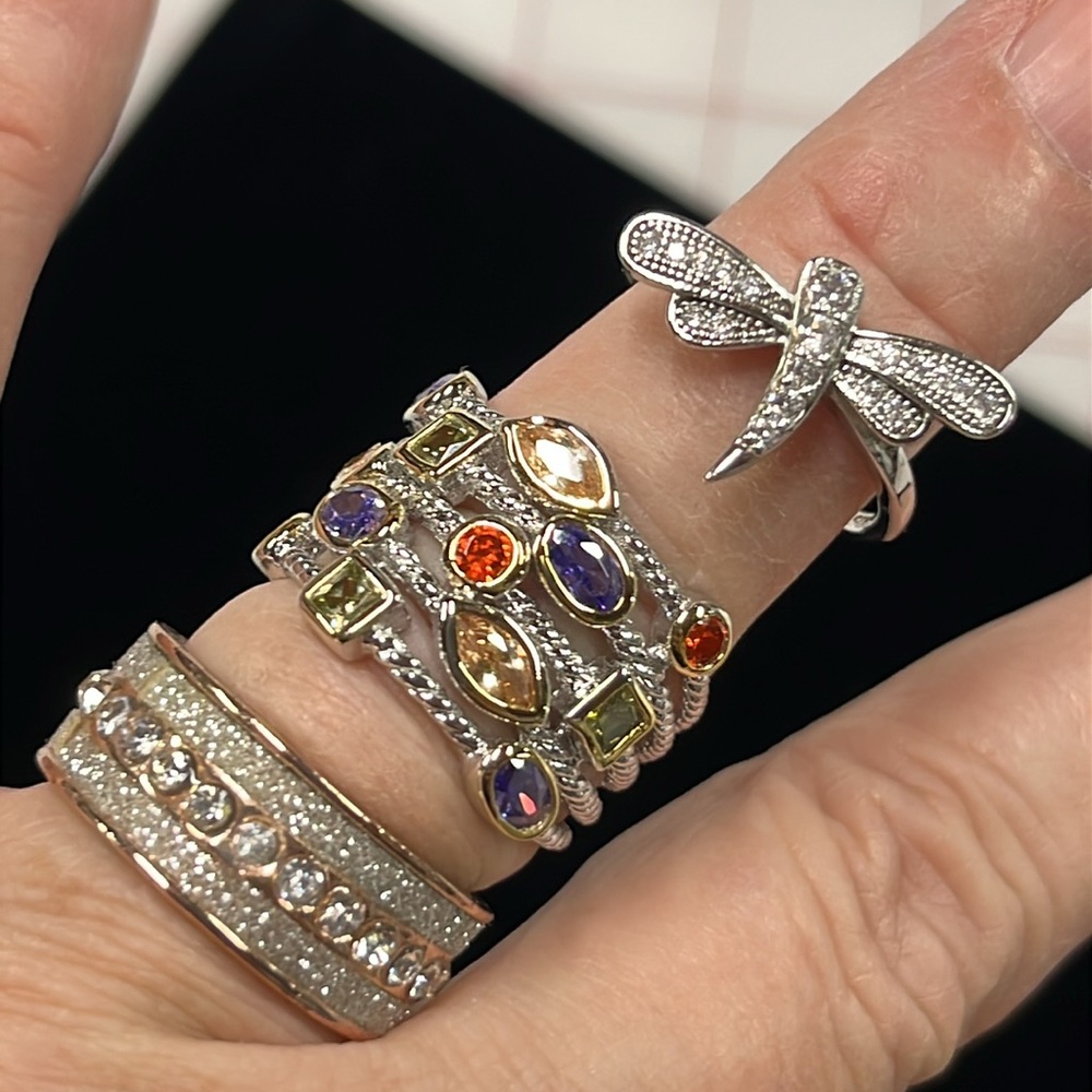 Bundle of 3 Rings: Silver Dragonfly, Faux Gemstones, Rose Gold Rhinestones SZ 8